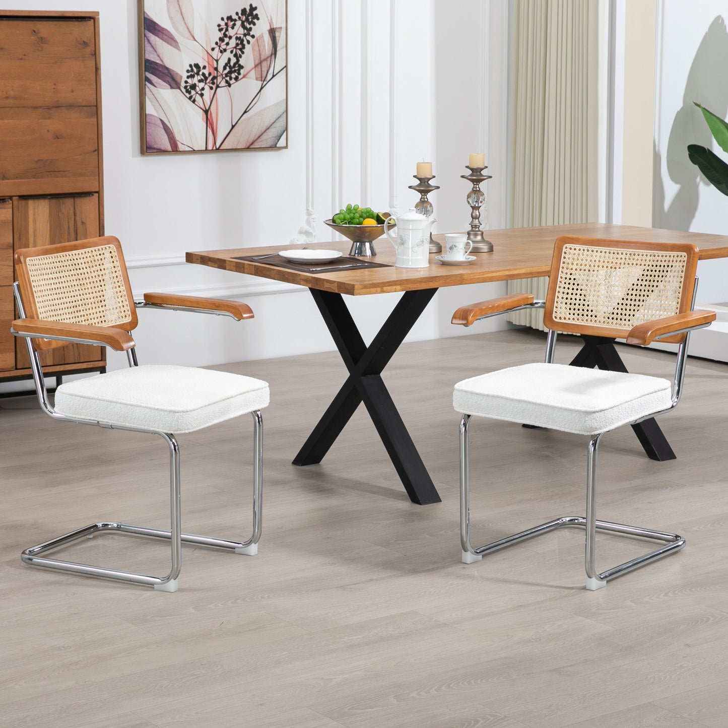 Set of 2 Azra White Boucle Fabric Dining Chair with Rattan Backrest and Chrome Legs