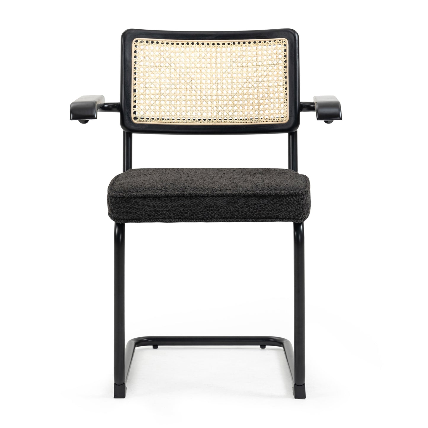 Set of 2 Azra Black Boucle Fabric Dining Chair with Rattan Backrest and Black Iron Legs