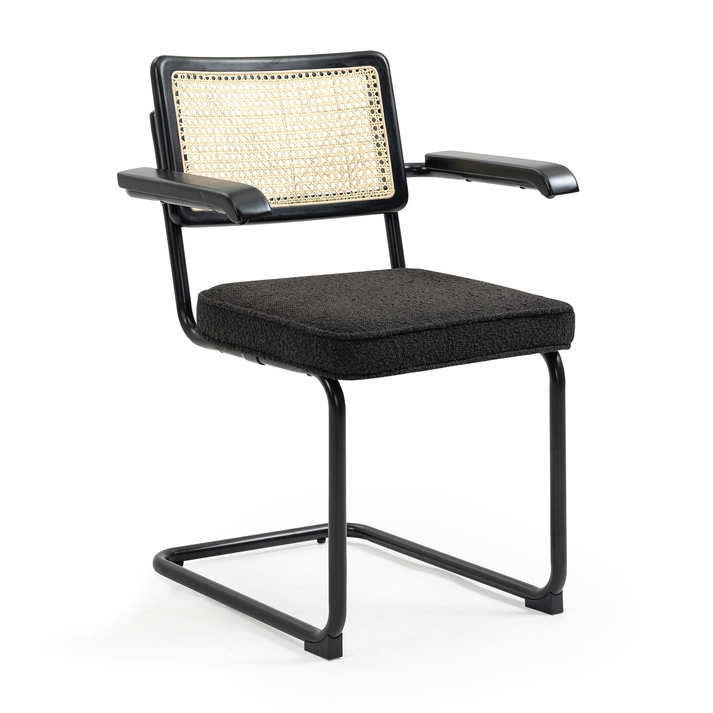 Set of 2 Azra Black Boucle Fabric Dining Chair with Rattan Backrest and Black Iron Legs