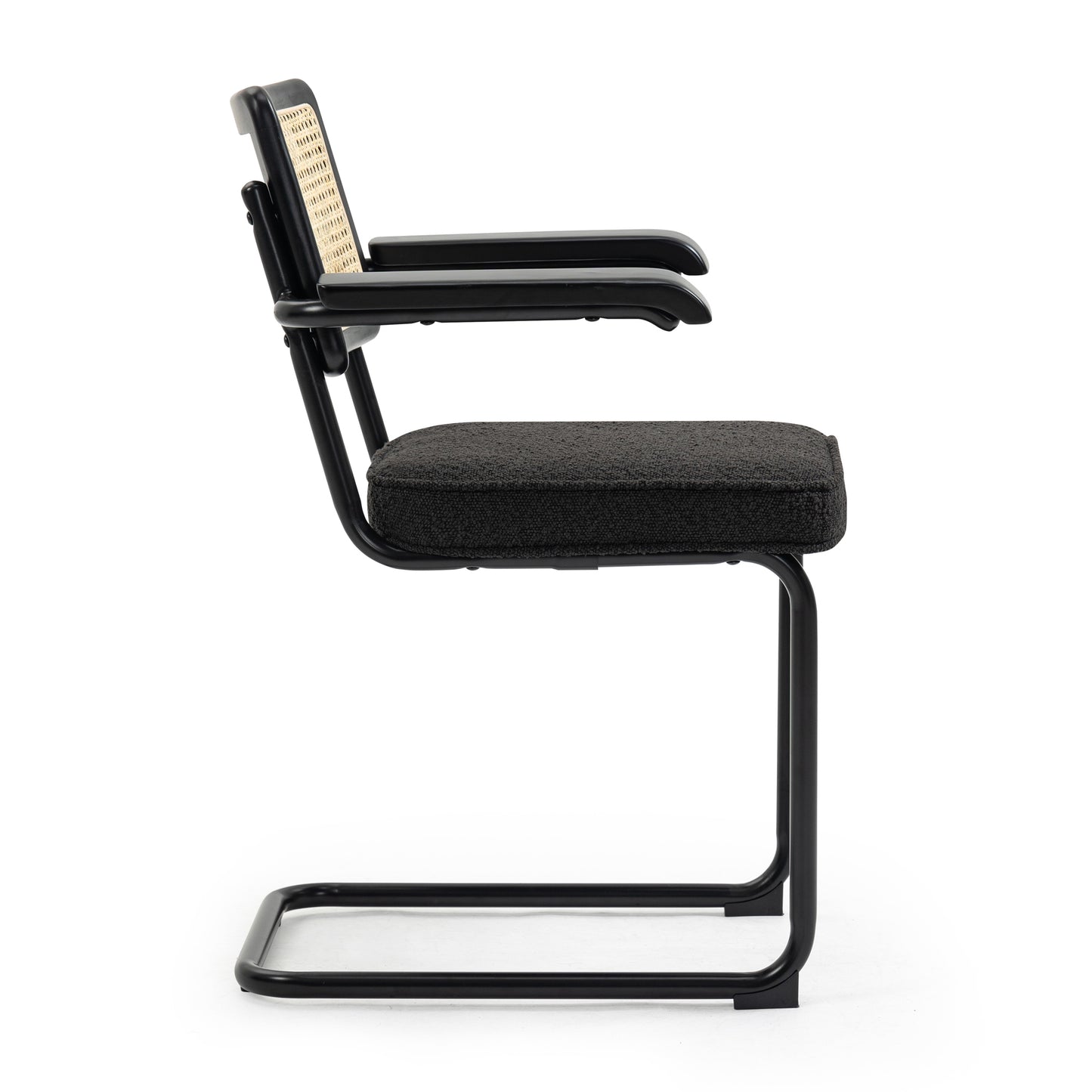 Set of 2 Azra Black Boucle Fabric Dining Chair with Rattan Backrest and Black Iron Legs