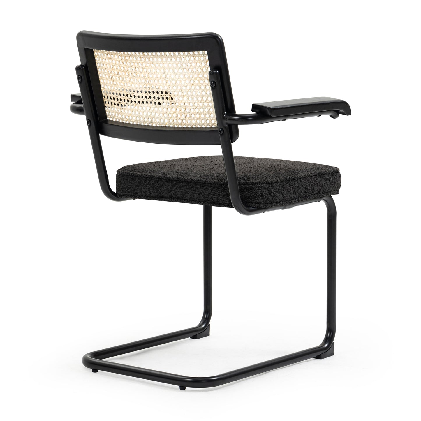 Set of 2 Azra Black Boucle Fabric Dining Chair with Rattan Backrest and Black Iron Legs
