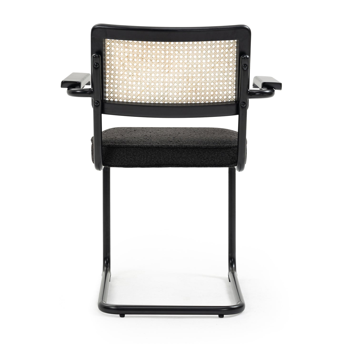 Set of 2 Azra Black Boucle Fabric Dining Chair with Rattan Backrest and Black Iron Legs
