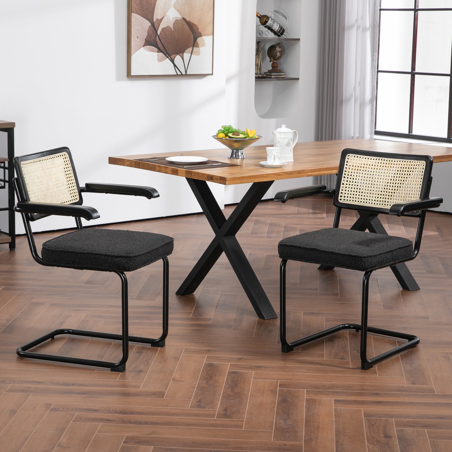 Set of 2 Azra Black Boucle Fabric Dining Chair with Rattan Backrest and Black Iron Legs