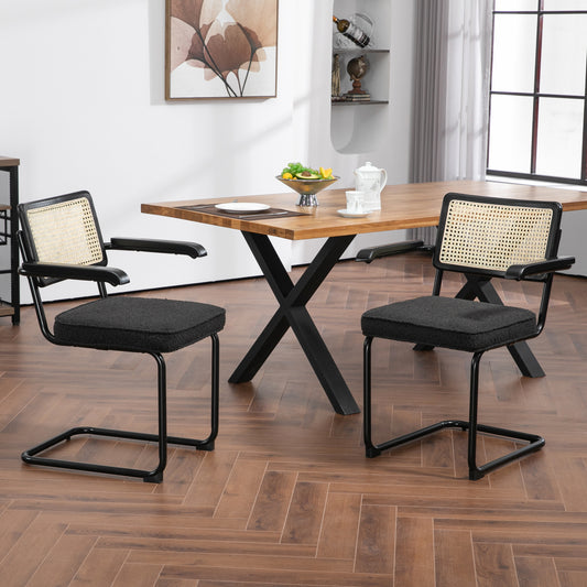 Set of 2 Azra Black Boucle Fabric Dining Chair with Rattan Backrest and Black Iron Legs