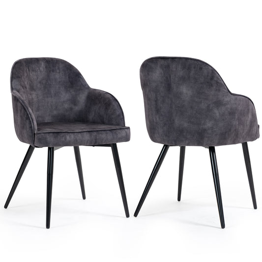 Set of 2 Batia Gray Velvet Fabric Dining Chairs with Black Iron Legs
