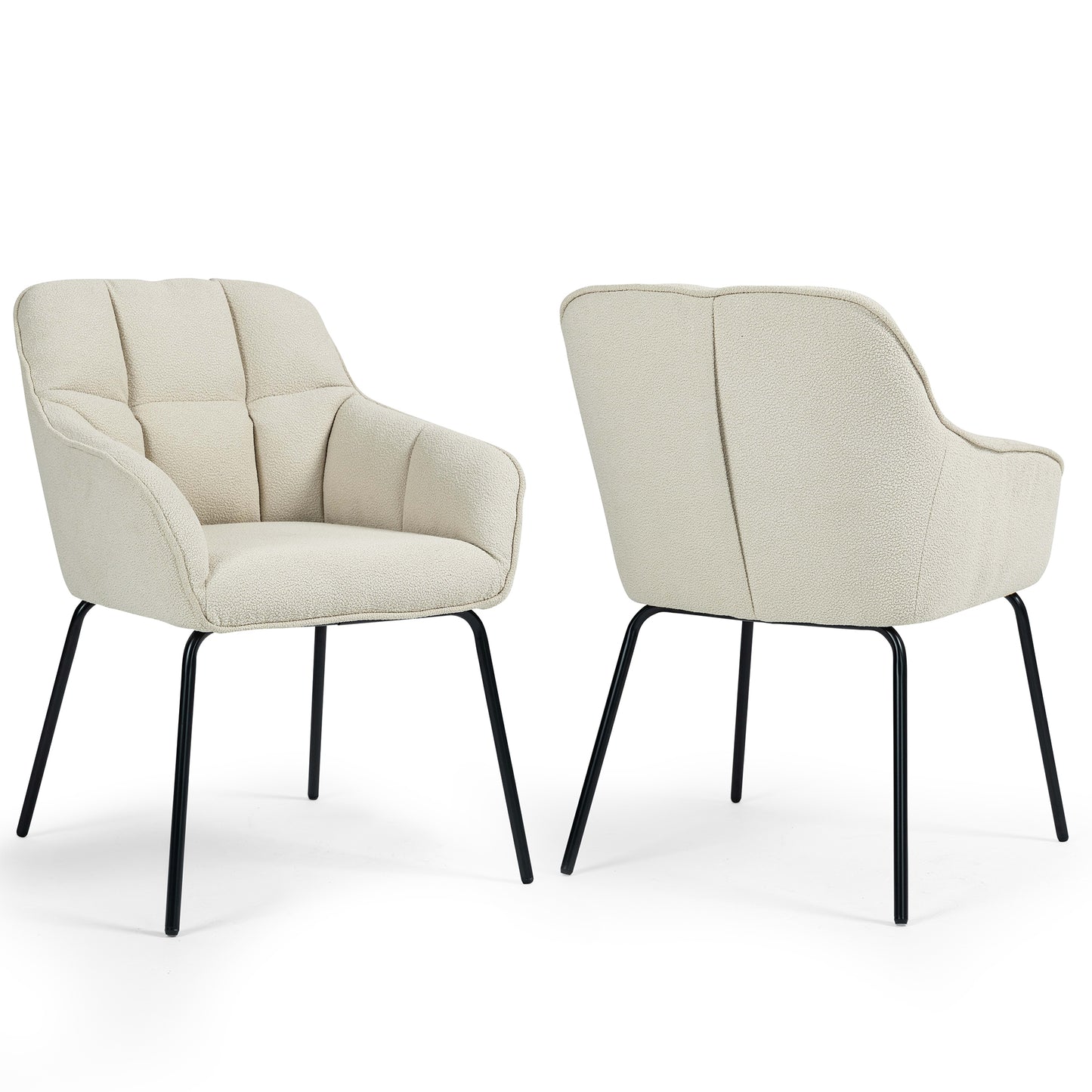 Set of 2 Batson White Boucle Fabric Dining Chair with Black Iron Legs