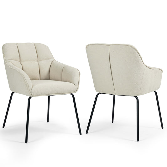 Set of 2 Batson White Boucle Fabric Dining Chair with Black Iron Legs