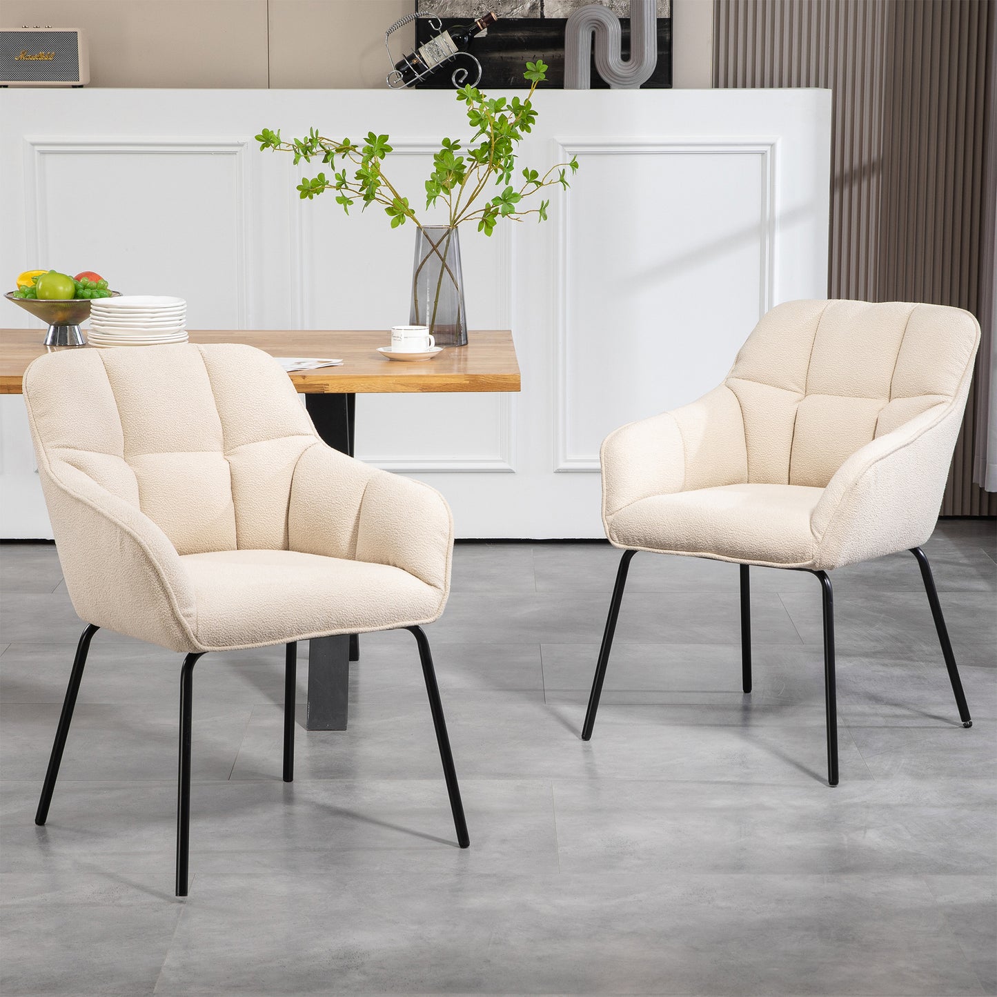 Set of 2 Batson White Boucle Fabric Dining Chair with Black Iron Legs
