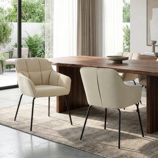 Set of 2 Batson White Boucle Fabric Dining Chair with Black Iron Legs