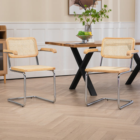 Set of 2 Barnard Natural Wooden Dining Chair with Rattan Back and Chrome Legs