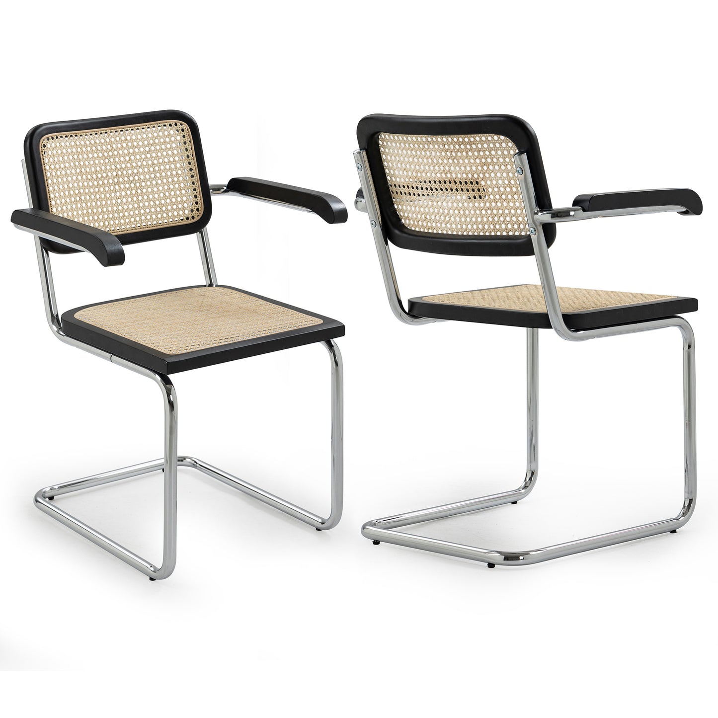 Set of 2 Barnard Black Wooden Dining Chair with Rattan Back and Chrome Legs