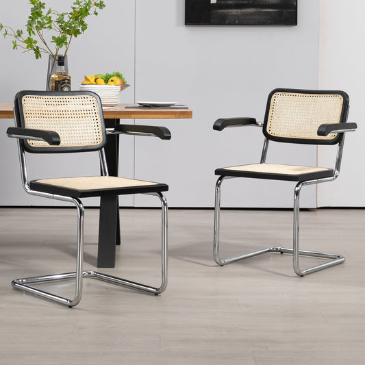 Set of 2 Barnard Black Wooden Dining Chair with Rattan Back and Chrome Legs