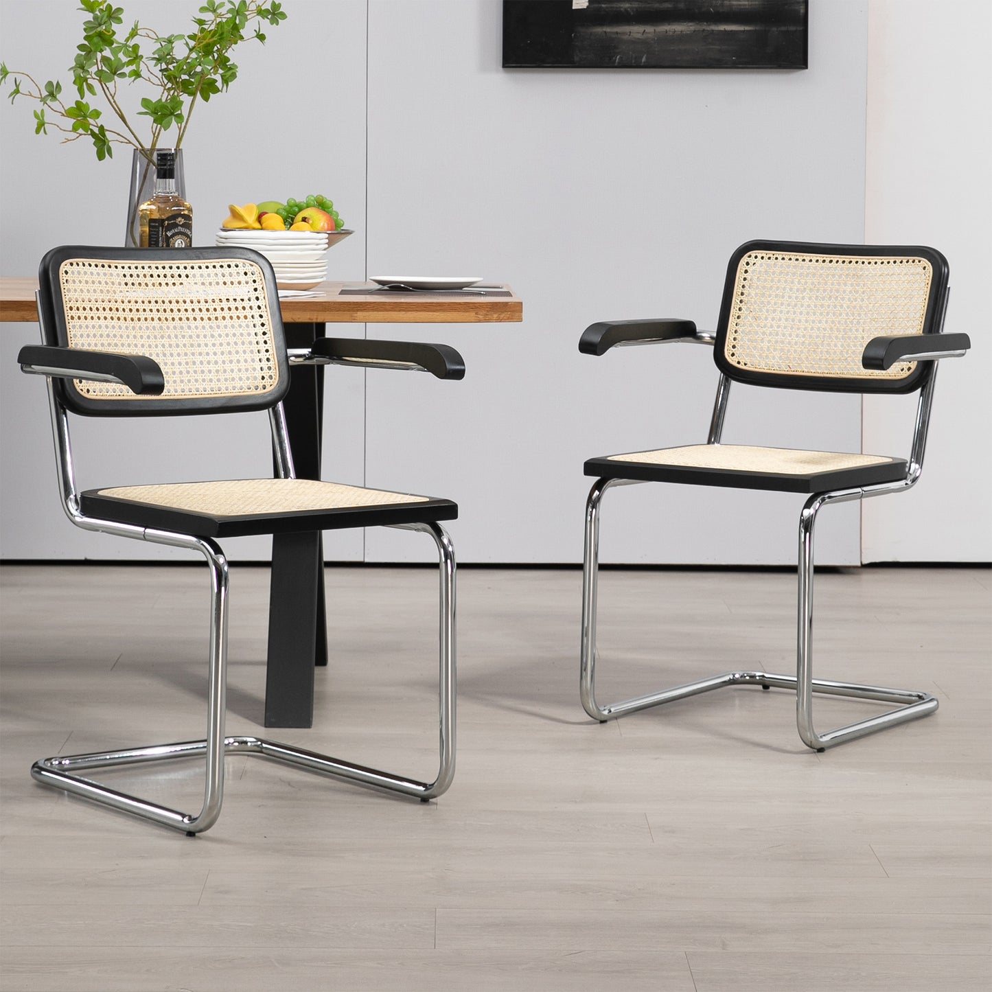 Set of 2 Barnard Black Wooden Dining Chair with Rattan Back and Chrome Legs