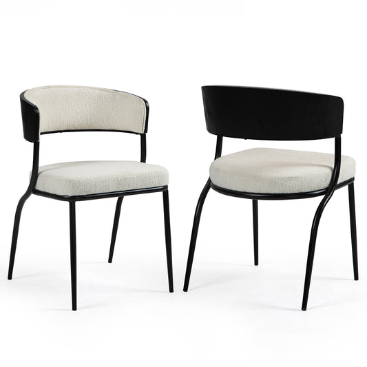 Set of 2 Bayle White Boucle Fabric Dining Chair with Black Iron Legs
