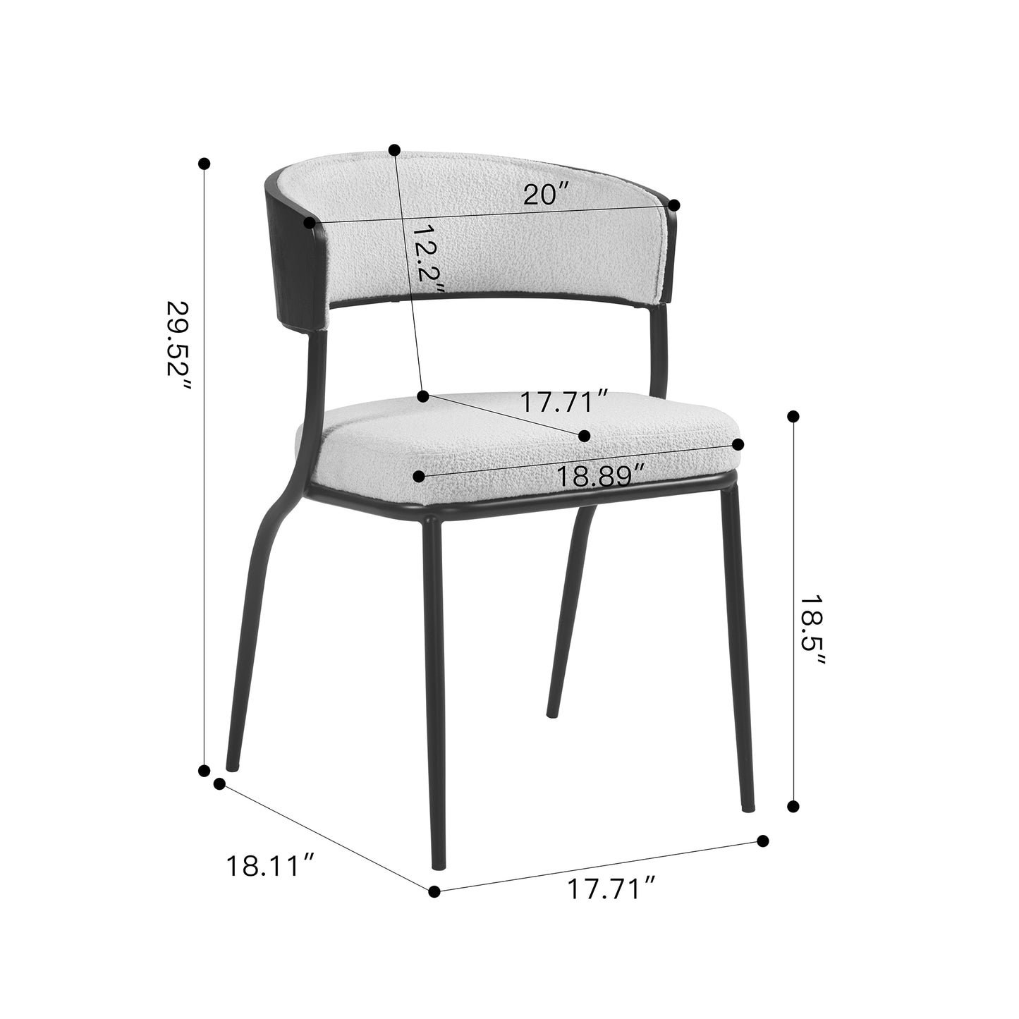 Set of 2 Bayle White Boucle Fabric Dining Chair with Black Iron Legs