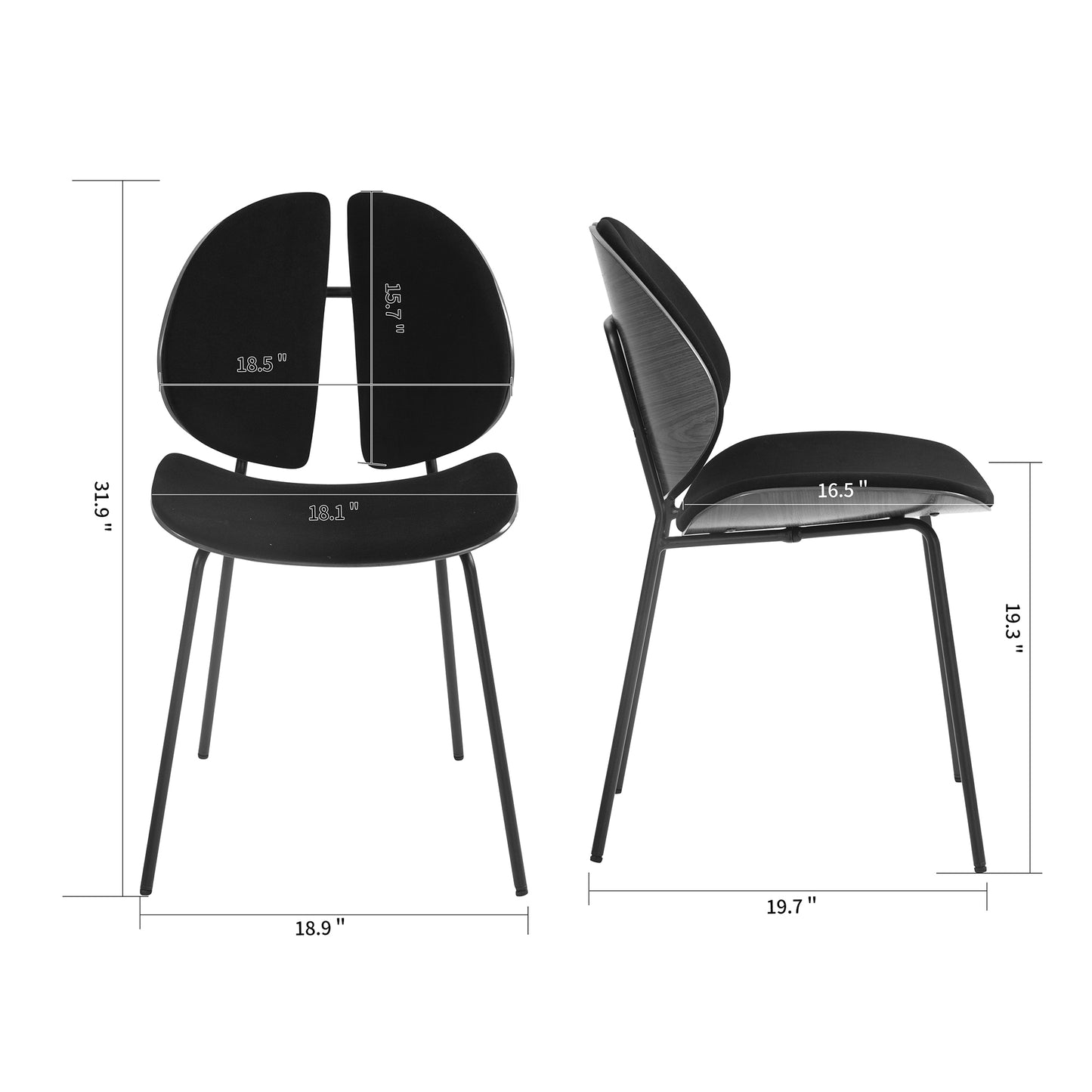 Set of 2 Beau Black Microfiber Fabric Dining Chair with Iron Legs