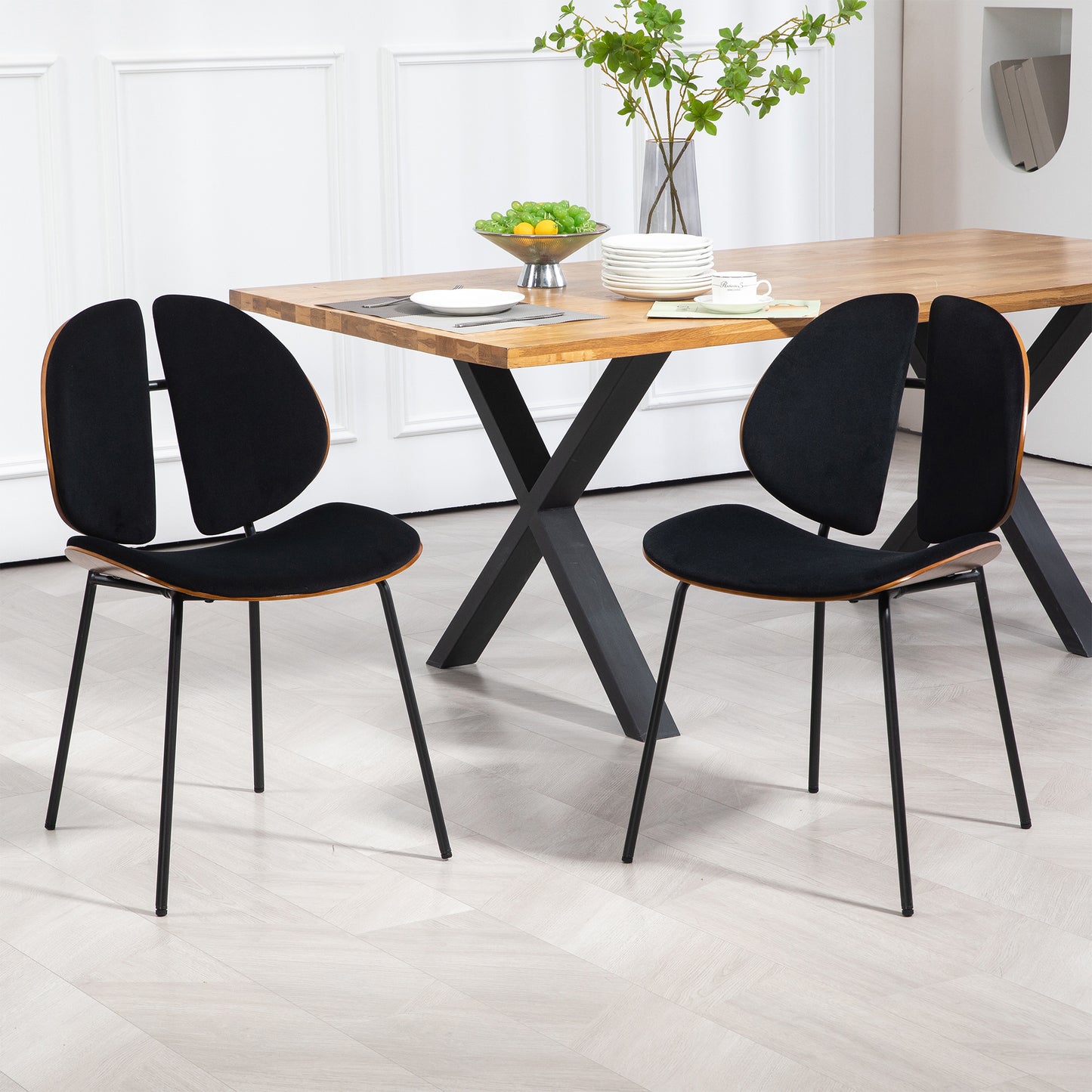 Set of 2 Beau Black Microfiber Fabric Dining Chair with Iron Legs