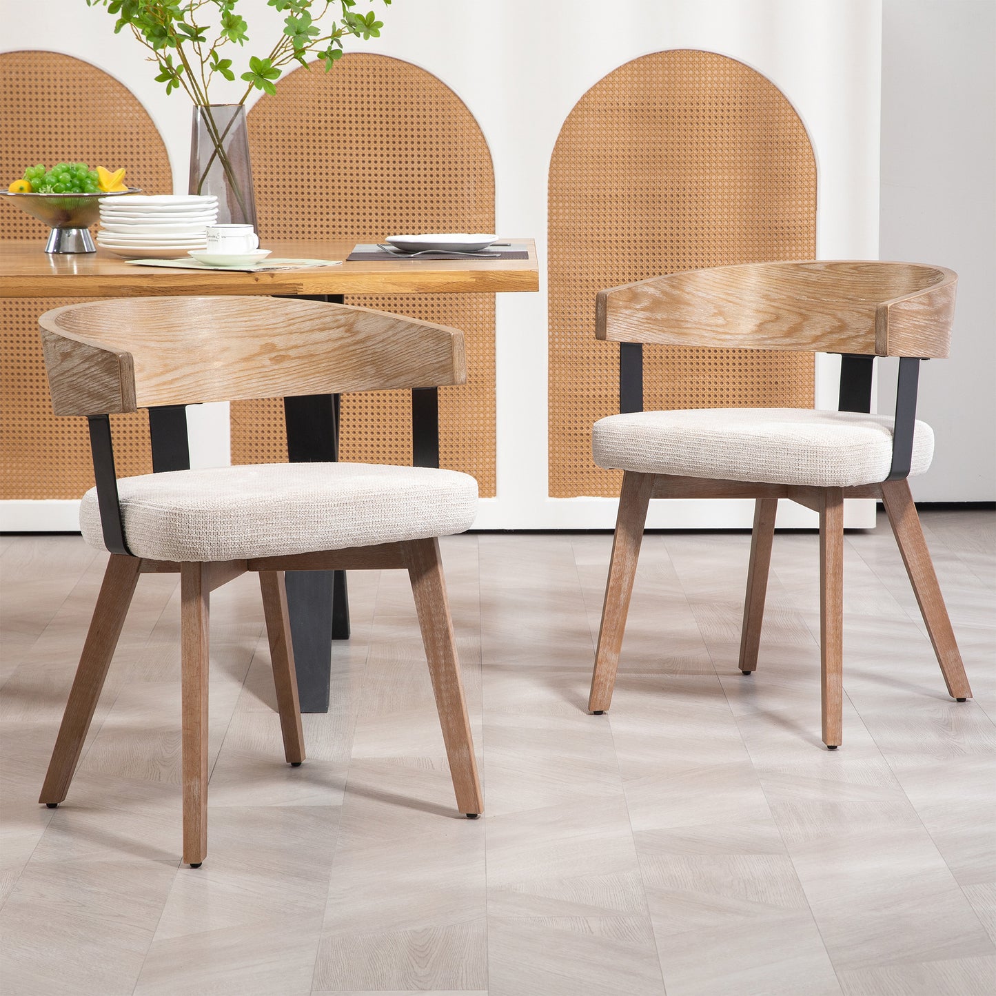 Set of 2 Beck Beige Linen Fabric Dining Chair with Natural Wood Backrest and Legs