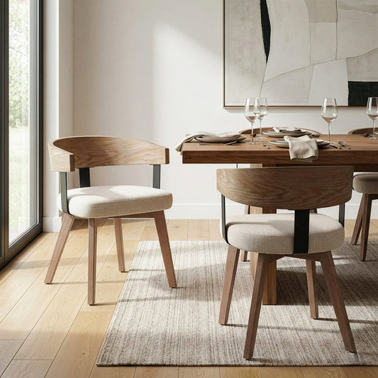 Set of 2 Beck Beige Linen Fabric Dining Chair with Natural Wood Backrest and Legs