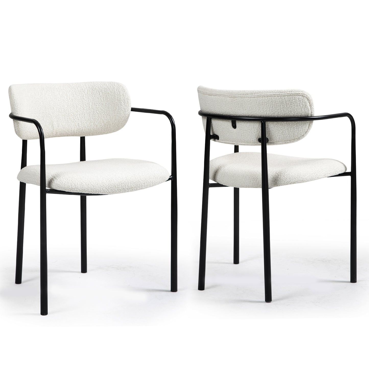 Set of 2 Bedivere Beige Boucle Fabric Dining Chair with Black Iron Arms and Legs