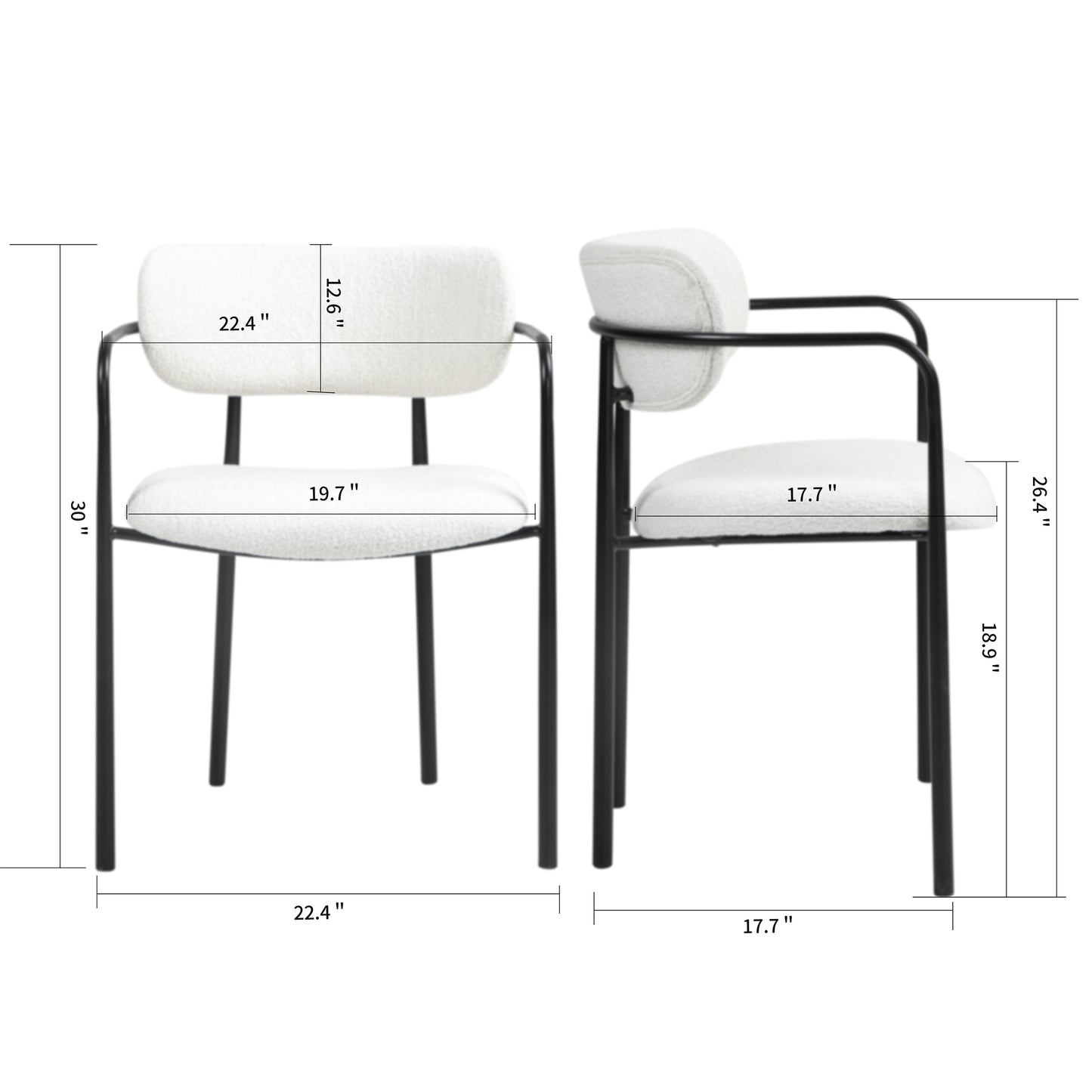 Set of 2 Bedivere Beige Boucle Fabric Dining Chair with Black Iron Arms and Legs