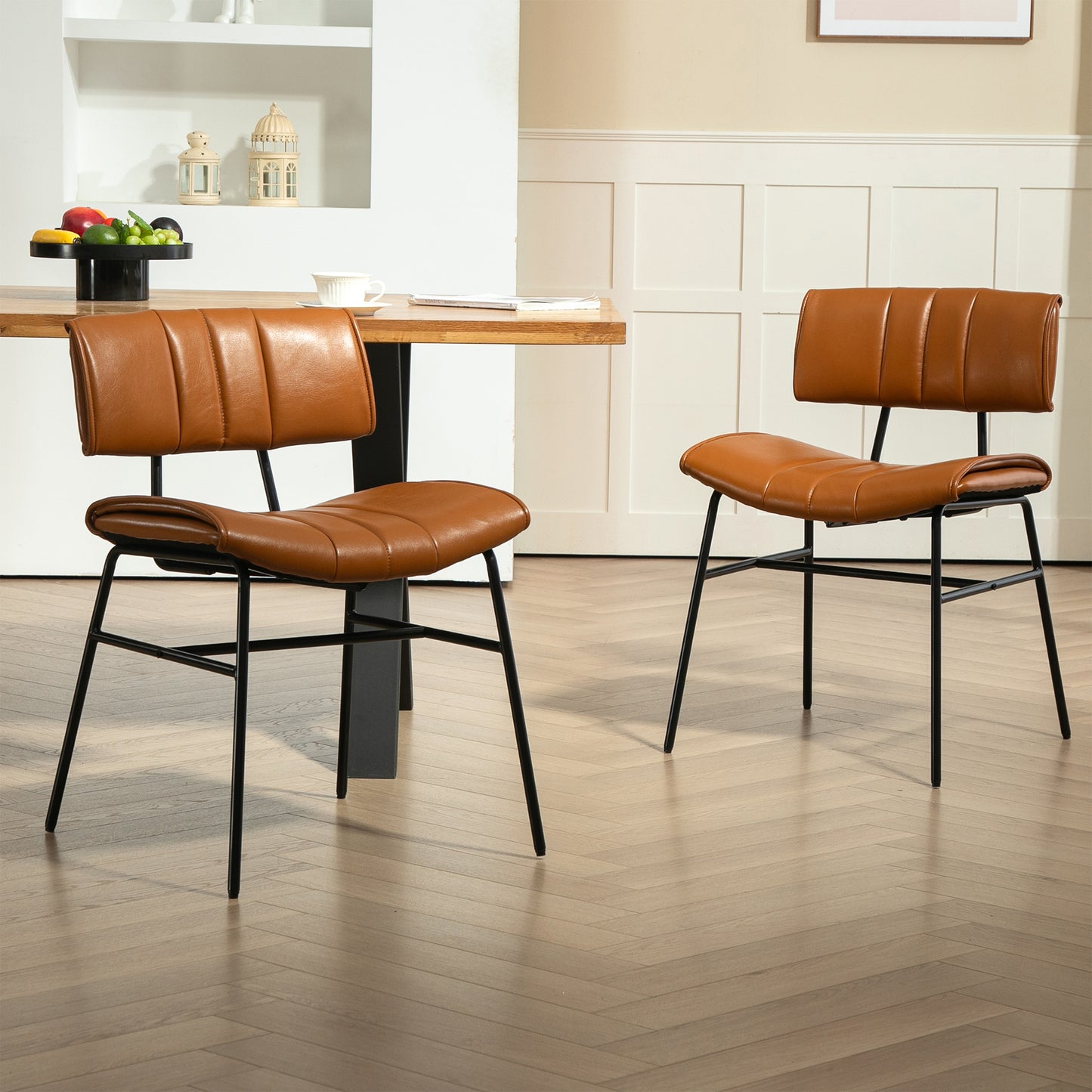 Set of 2 Belicia Brown Faux Leather Dining Chair with Black Metal Legs