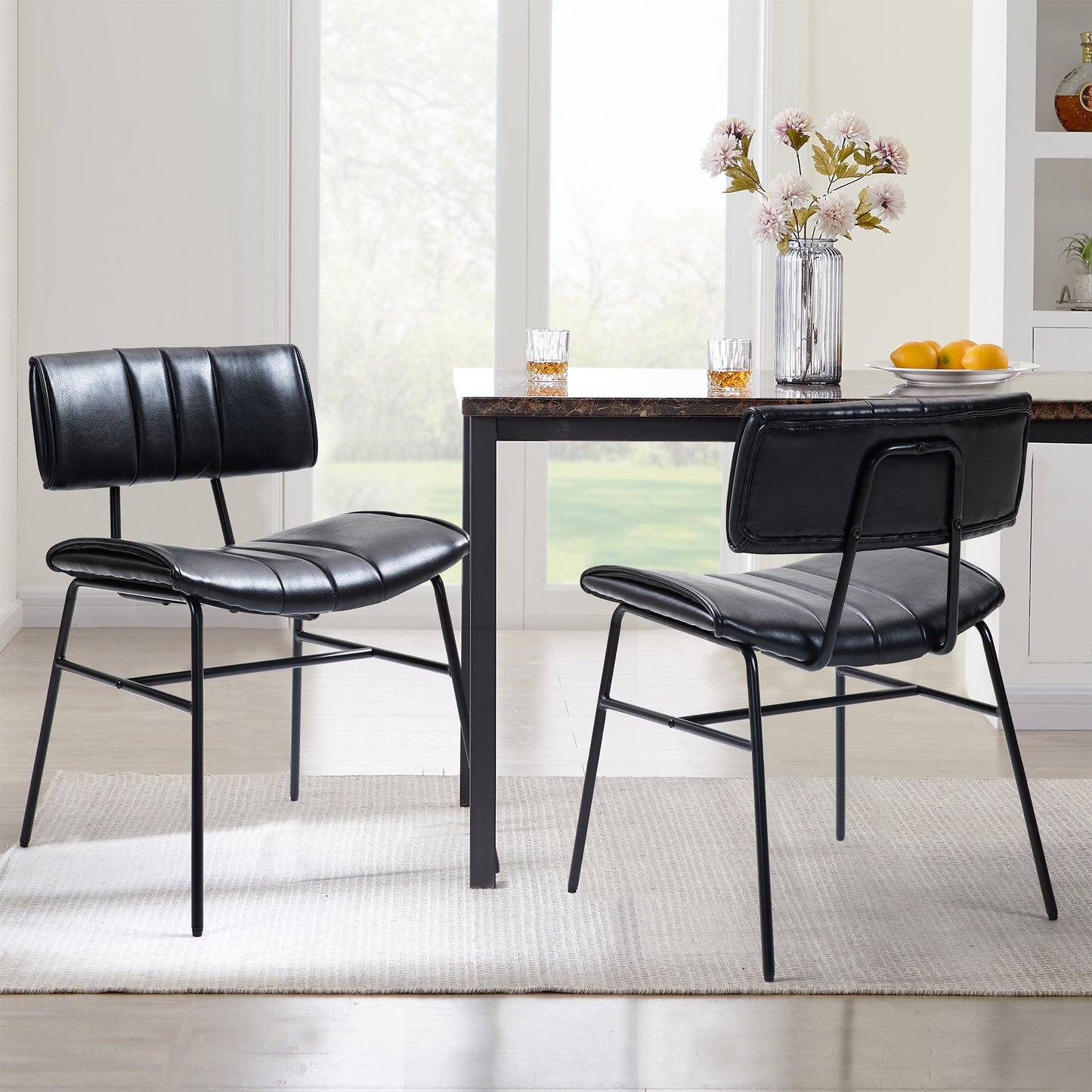 Set of 2 Belicia Black Faux Leather Dining Chair with Black Metal Legs