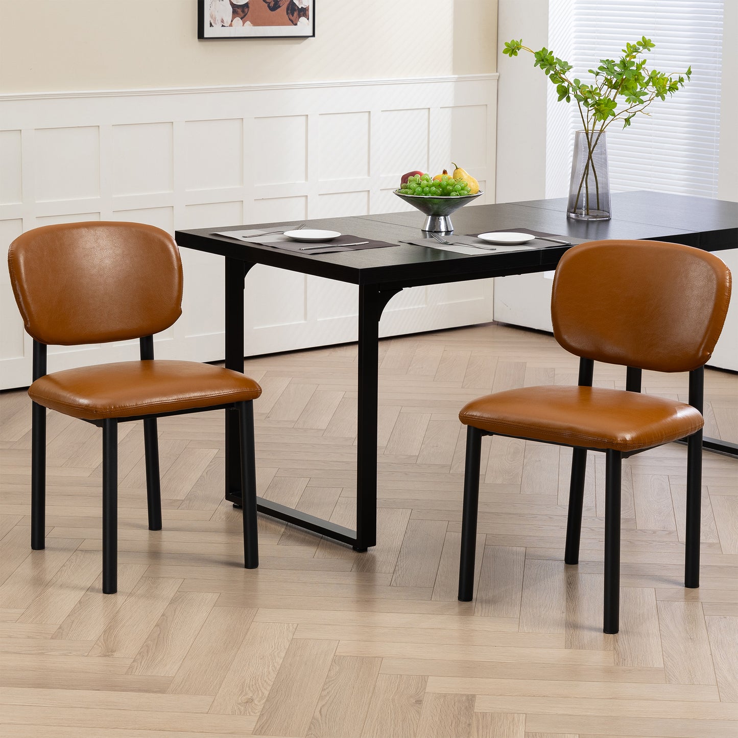 Set of 2 Berdine Light Brown Faux Leather Upholstered Dining Chair with Black Iron Legs