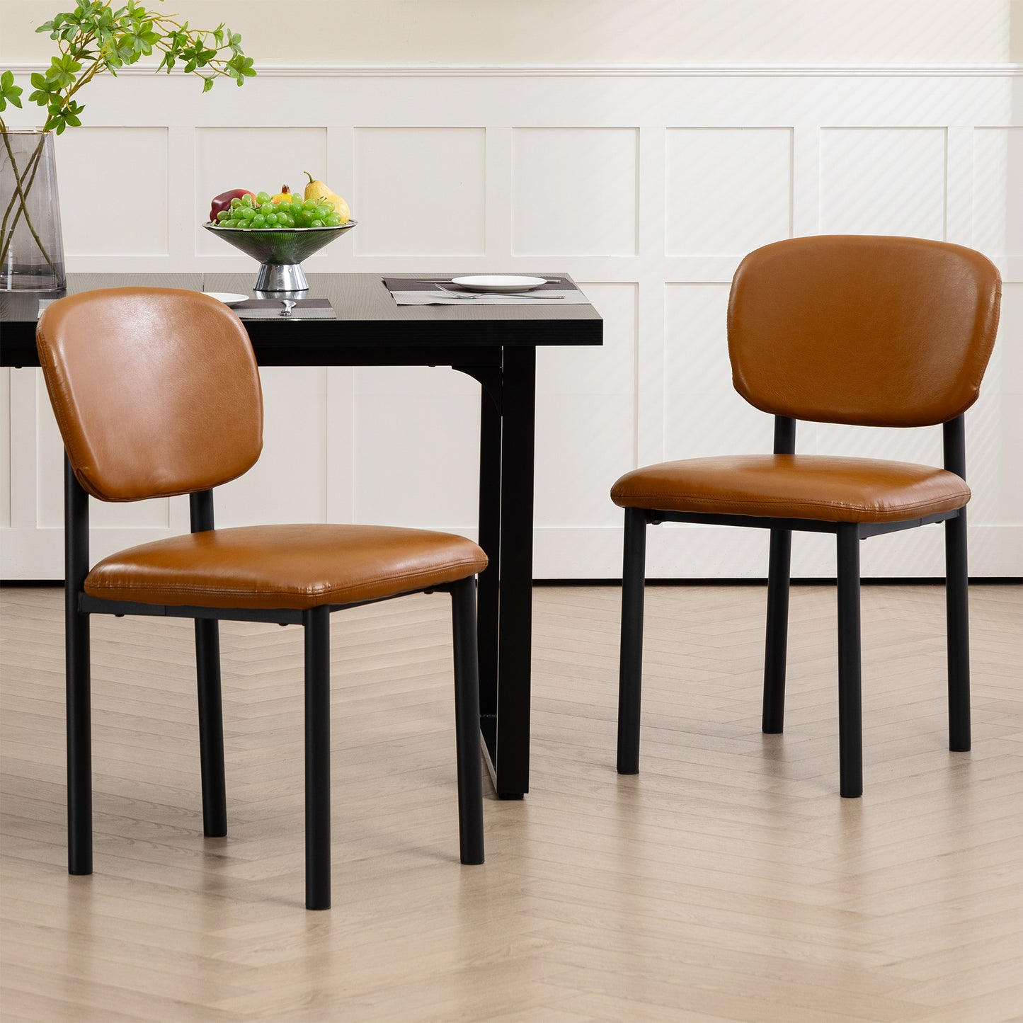 Set of 2 Berdine Light Brown Faux Leather Upholstered Dining Chair with Black Iron Legs