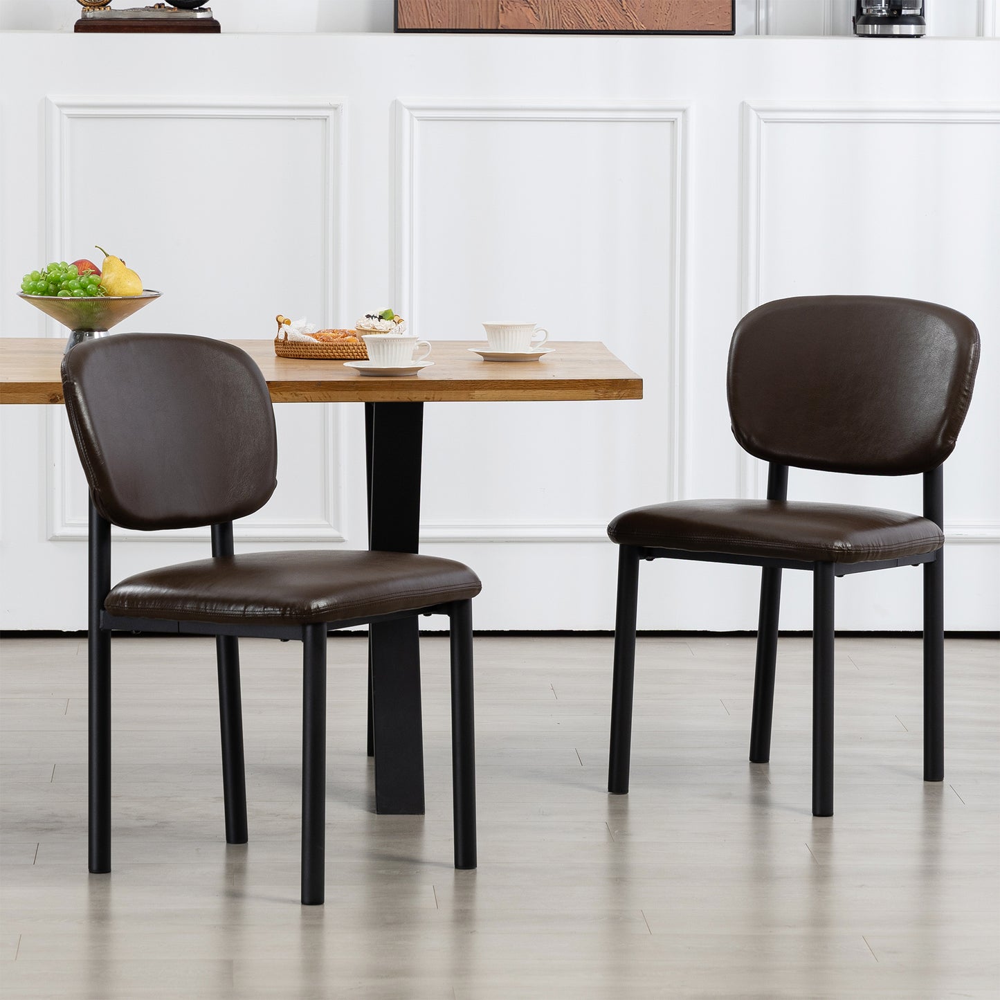 Set of 2 Berdine Dark Brown Faux Leather Upholstered Dining Chair with Black Iron Legs