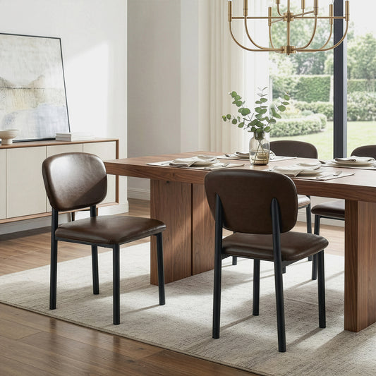 Set of 2 Berdine Dark Brown Faux Leather Upholstered Dining Chair with Black Iron Legs