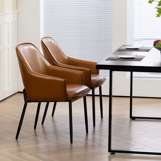 Set of 2 Berenice Light Brown Faux Leather Upholstered Dining Chair with Black Iron Legs