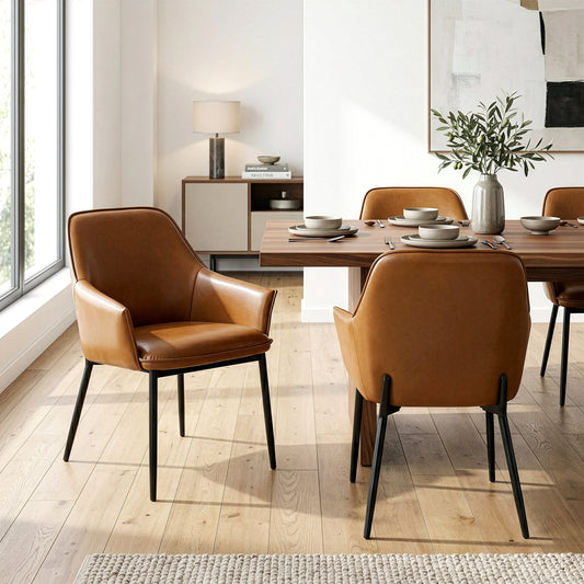 Set of 2 Berenice Light Brown Faux Leather Upholstered Dining Chair with Black Iron Legs