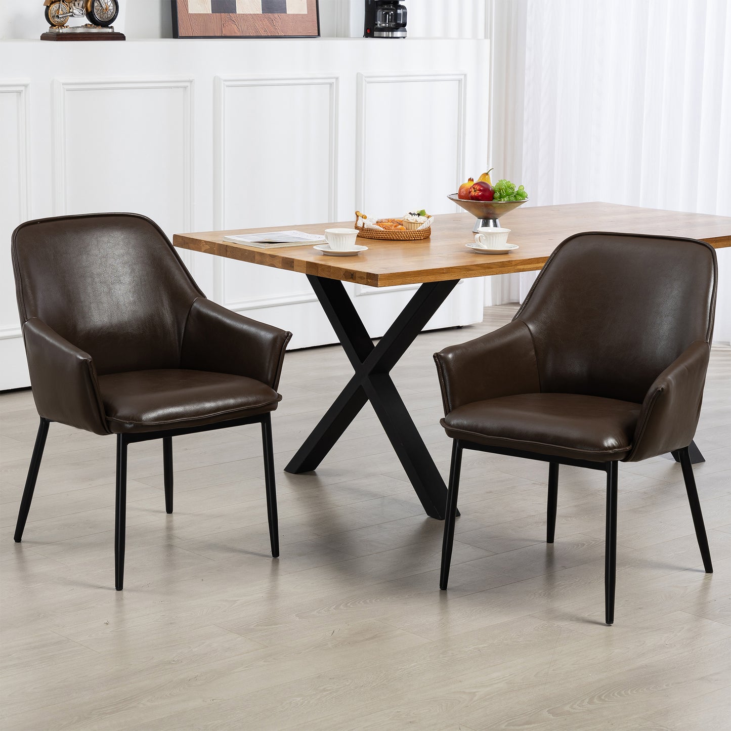 Set of 2 Berenice Dark Brown Faux Leather Upholstered Dining Chair with Black Iron Legs