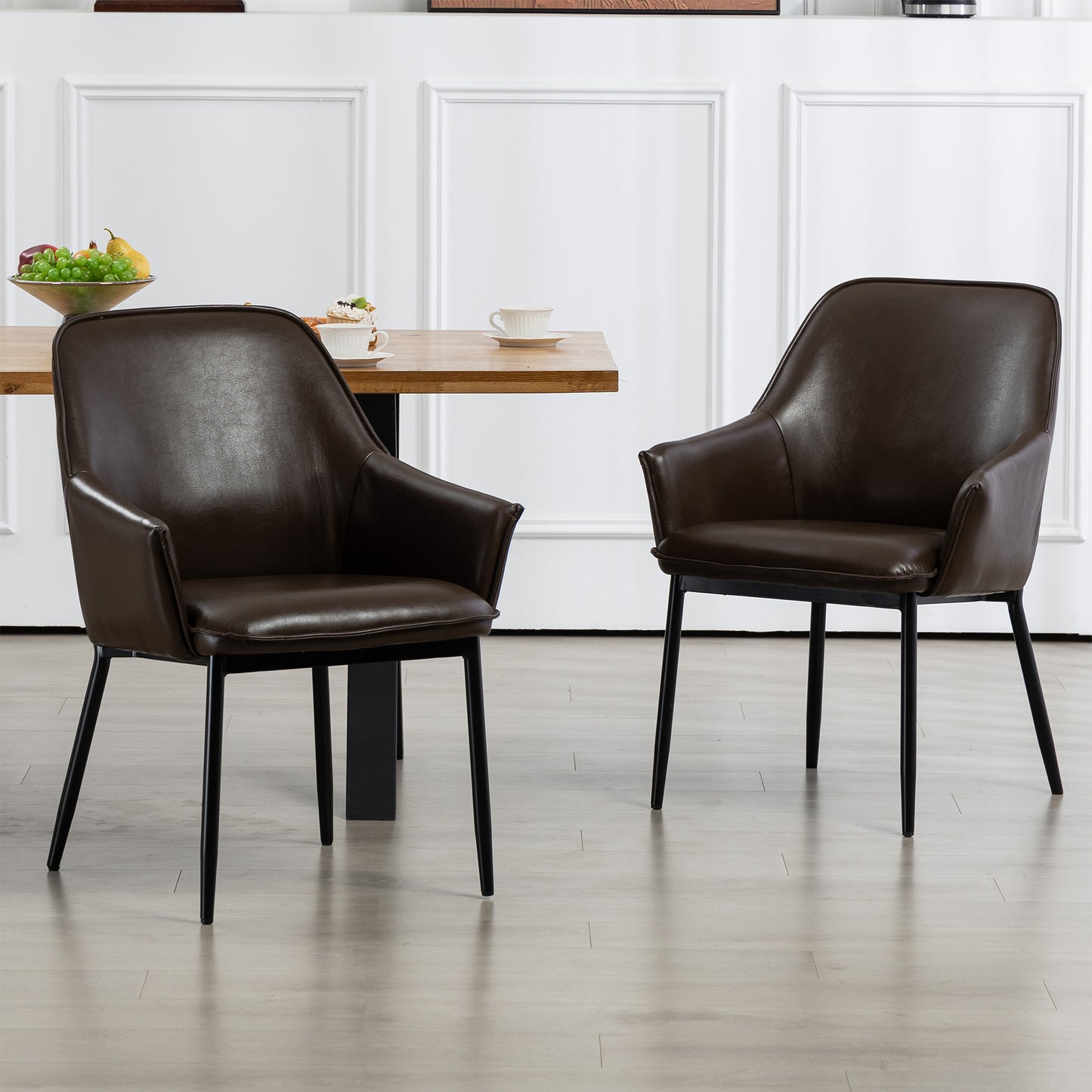 Set of 2 Berenice Dark Brown Faux Leather Upholstered Dining Chair with Black Iron Legs