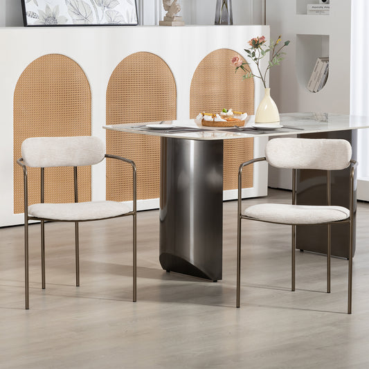 Set of 2 Berker Beige Woven Upholstered Fabric Dining Chair with Brown Iron Arms and Legs