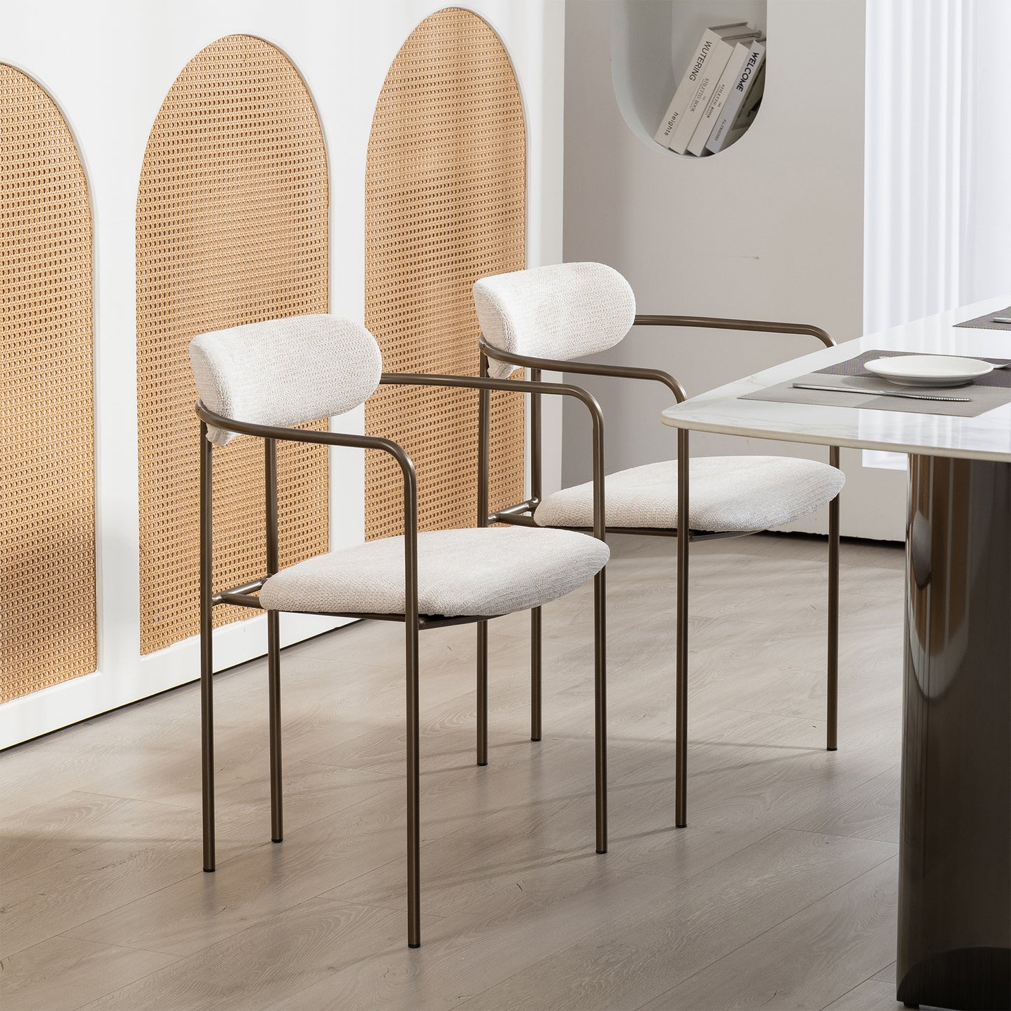 Set of 2 Berker Beige Woven Upholstered Fabric Dining Chair with Brown Iron Arms and Legs