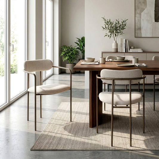 Set of 2 Berker Beige Woven Upholstered Fabric Dining Chair with Brown Iron Arms and Legs