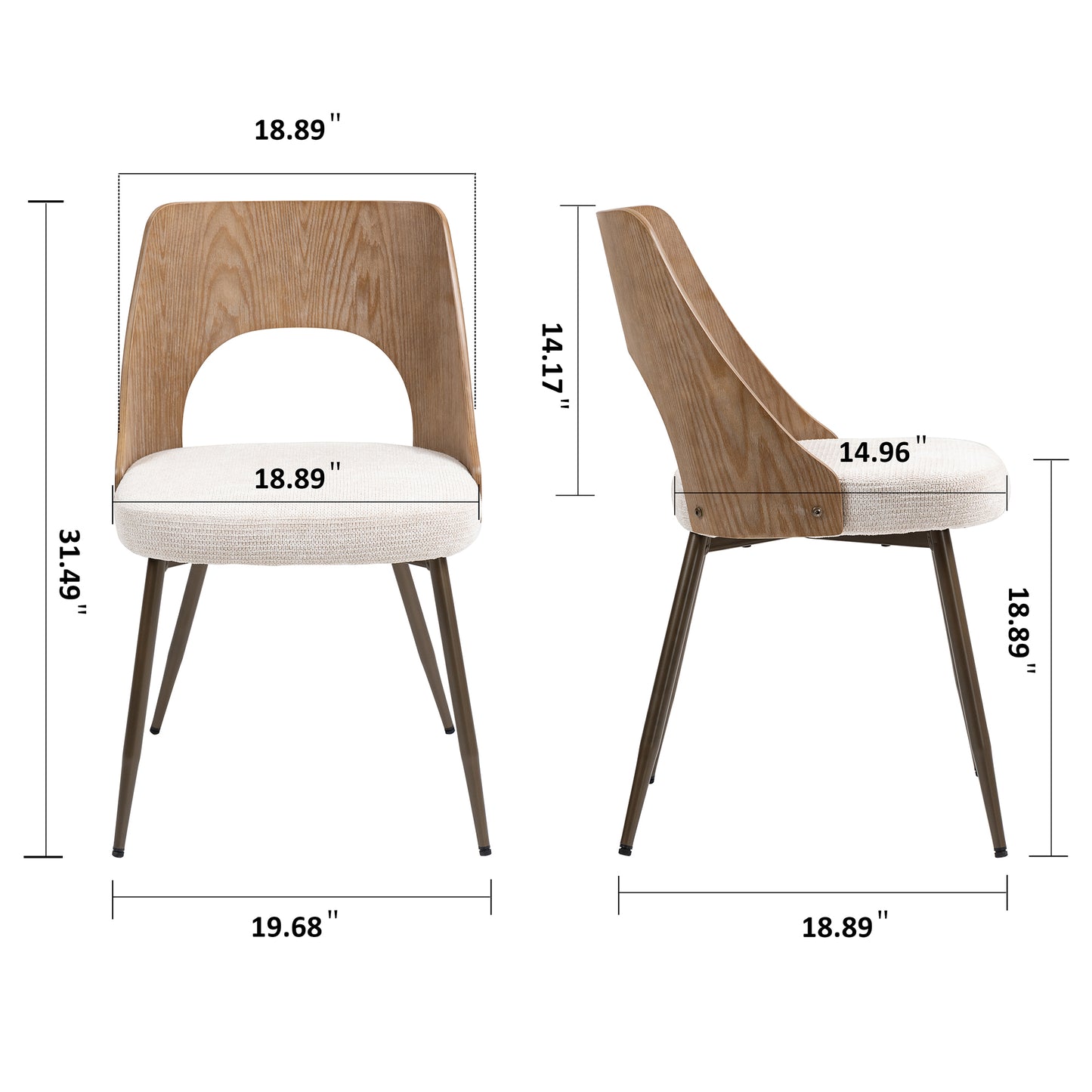 Set of 2 Bernadette Beige Washed Boucle Fabric Dining Chair with Natural Wood Back and Black Iron Legs