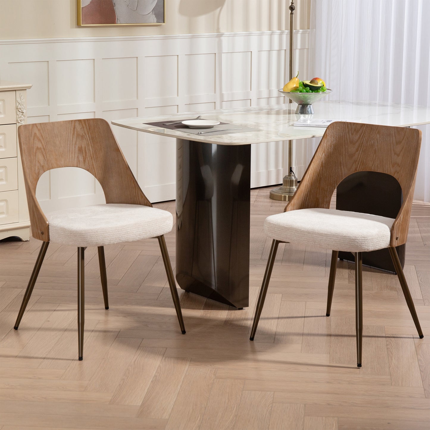 Set of 2 Bernadette Beige Washed Boucle Fabric Dining Chair with Natural Wood Back and Black Iron Legs