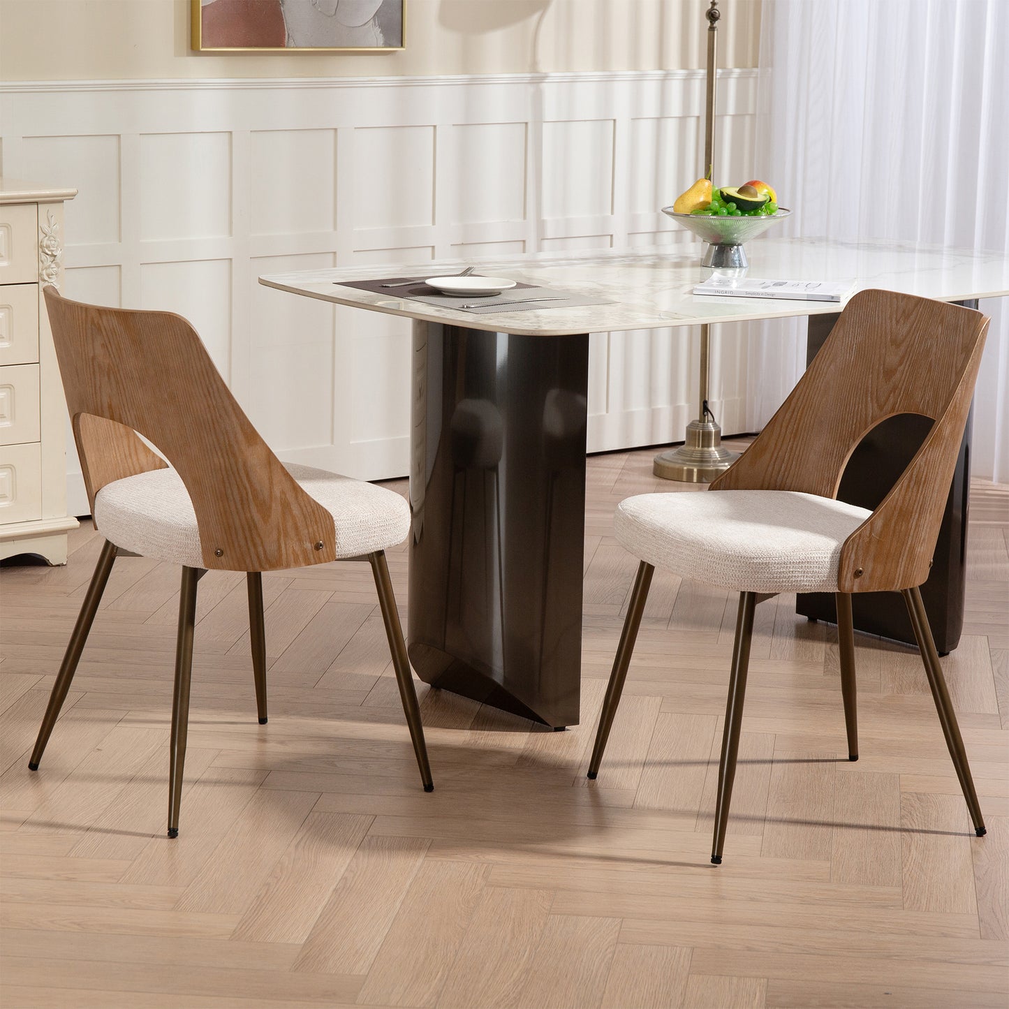 Set of 2 Bernadette Beige Washed Boucle Fabric Dining Chair with Natural Wood Back and Black Iron Legs