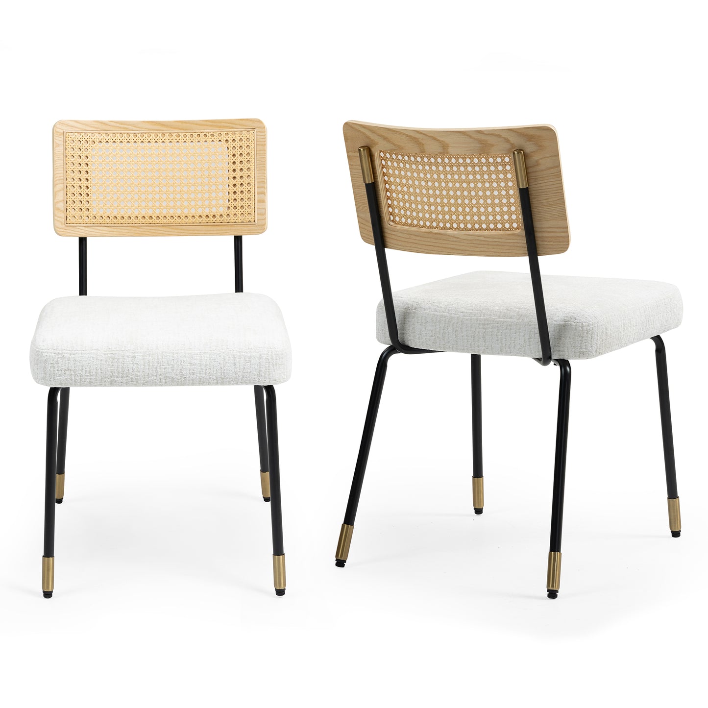 Set of 2 Bethari Beige Woven Fabric Dining Chair with Rattan Backrest and Black Iron Legs with Gold Accents