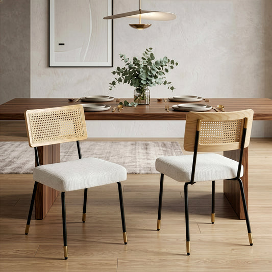 Set of 2 Bethari Beige Woven Fabric Dining Chair with Rattan Backrest and Black Iron Legs with Gold Accents