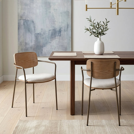 Set of 2 Bernadine Beige Washed Woven Fabric Dining Chair with Natural Wood Back and Iron Arms and Legs