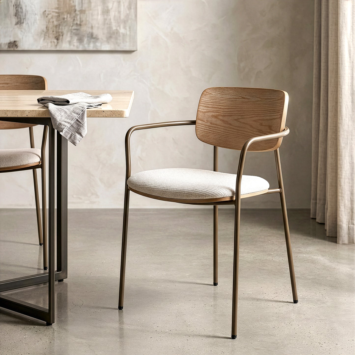 Set of 2 Bernadine Beige Washed Woven Fabric Dining Chair with Natural Wood Back and Iron Arms and Legs