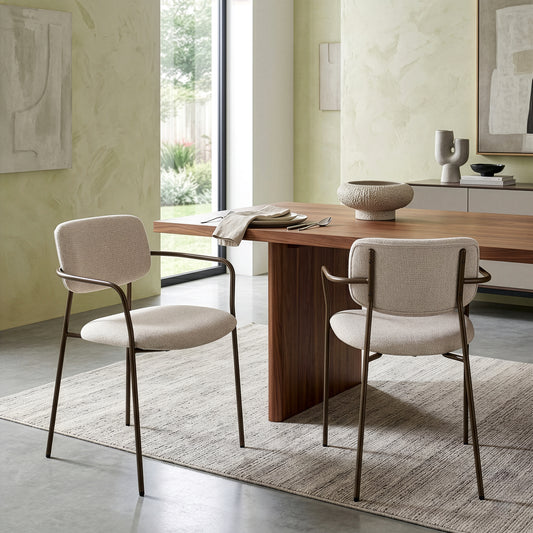 Set of 2 Bernard Beige Washed Woven Fabric Dining Chair with Iron Arms and Legs