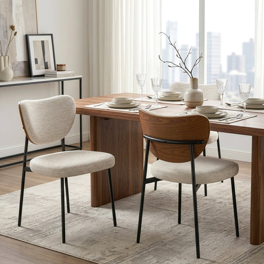 Set of 2 Bethel Beige Washed Woven Fabric Dining Chair with Black Metal Legs