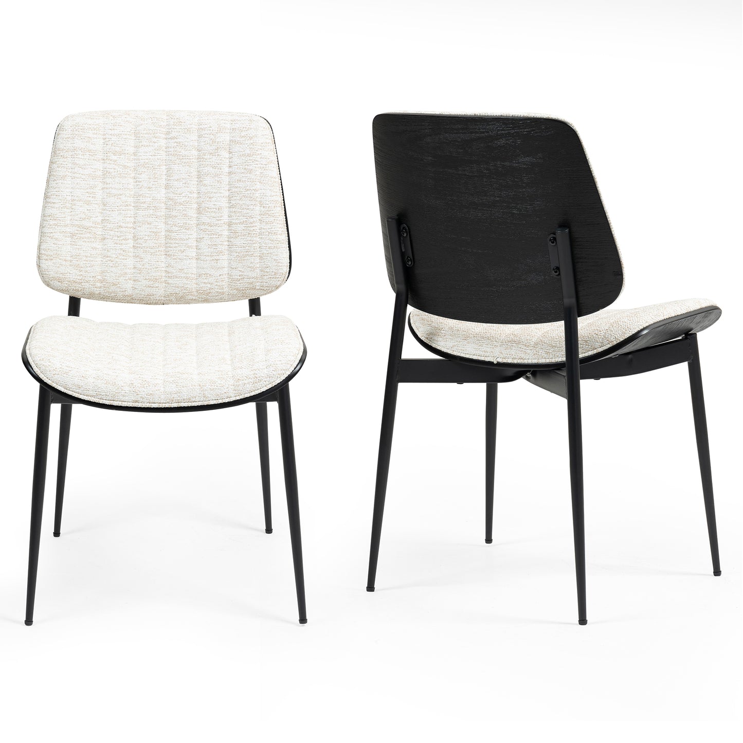 Set of 2 Bethwyn Beige Woven Fabric Dining Chair with Black Washed Wood Back and Black Metal Legs