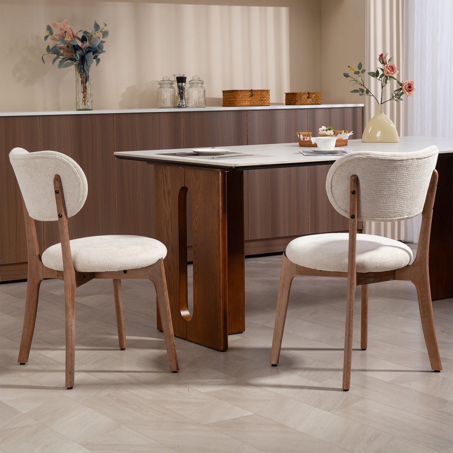 Set of 2 Bernardo Beige Washed Woven Fabric Dining Chair with Natural Wood Legs