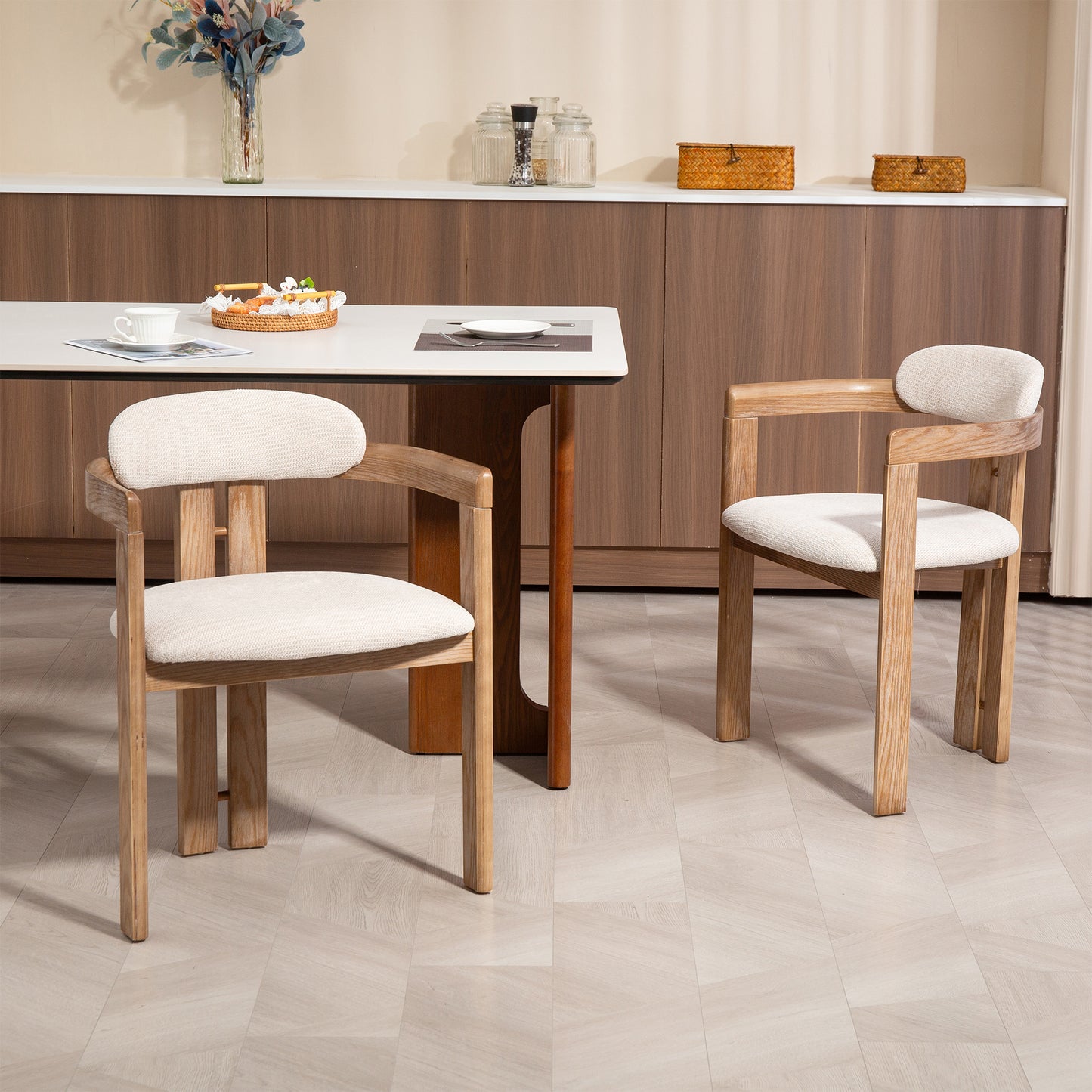 Set of 2 Berne Beige Washed Fabric Dining Chair with Natural Wood Arms and Legs